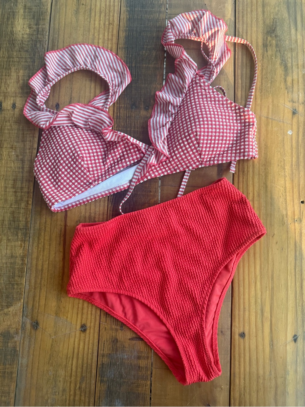 aerie Red and White Gingham Bikini Top with Ruffle Trim